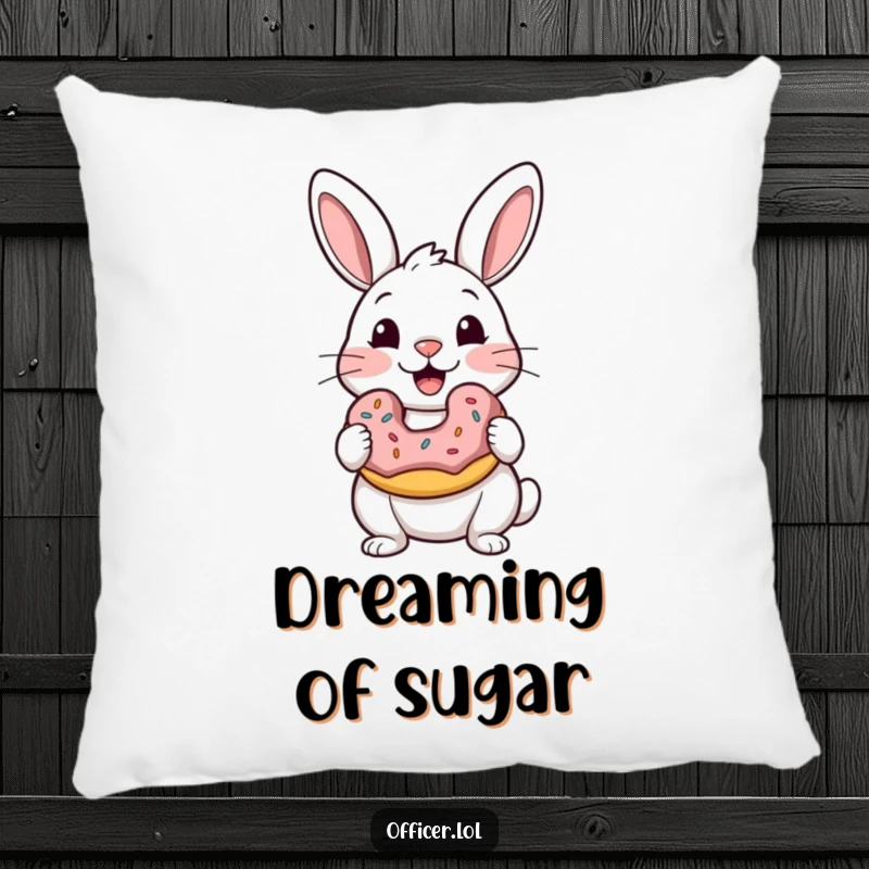 Funny pillow with a rabbit holding a donut, its eyes full of satisfaction, adding a touch of sweet humor and comfort.