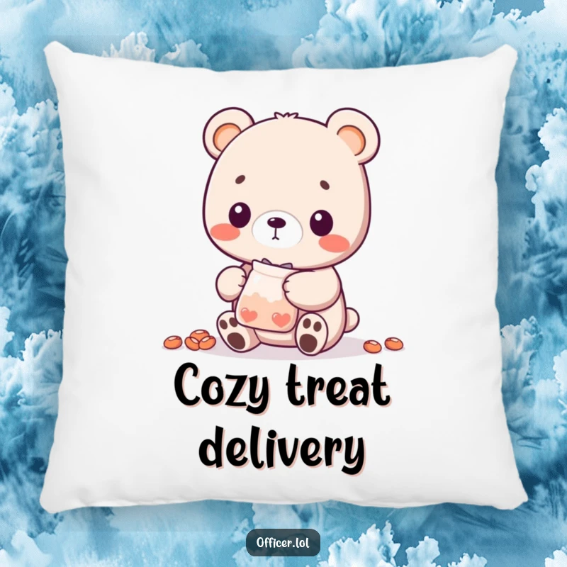 Funny Bear Cub Pillow: A sweet bear cub character offers a bag of treats, creating a cozy and heartwarming decorative piece.