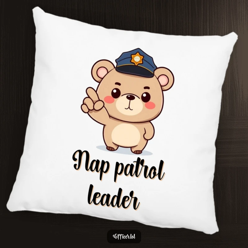 Funny pillow with a determined cartoon bear police officer in a small hat, pointing forward with a stern but happy face.