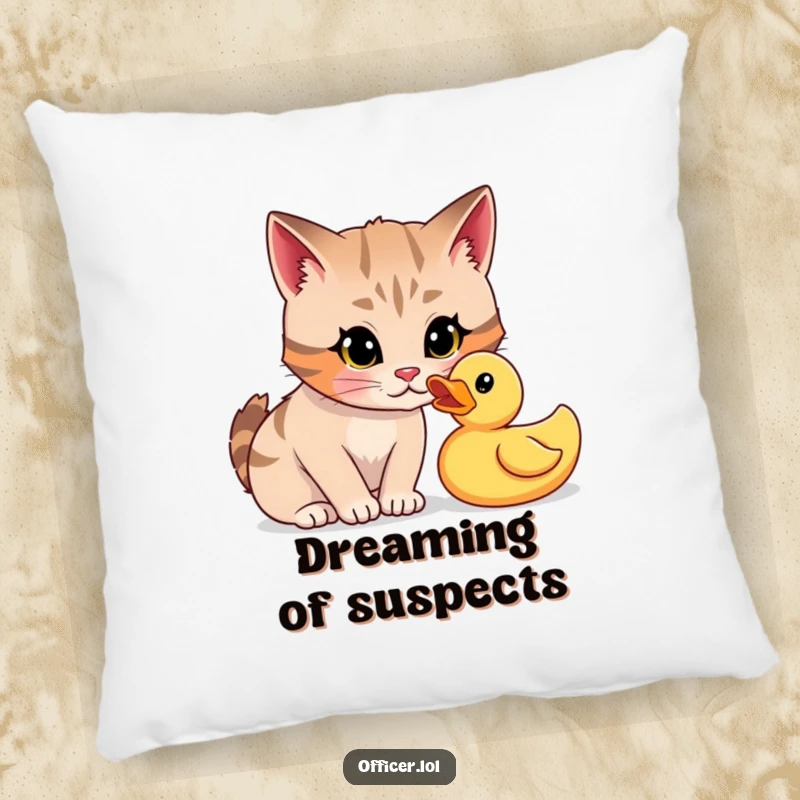 Funny pillow featuring a focused cartoon cat giving a playful, curious stare to a rubber duck, embodying feline investigation.