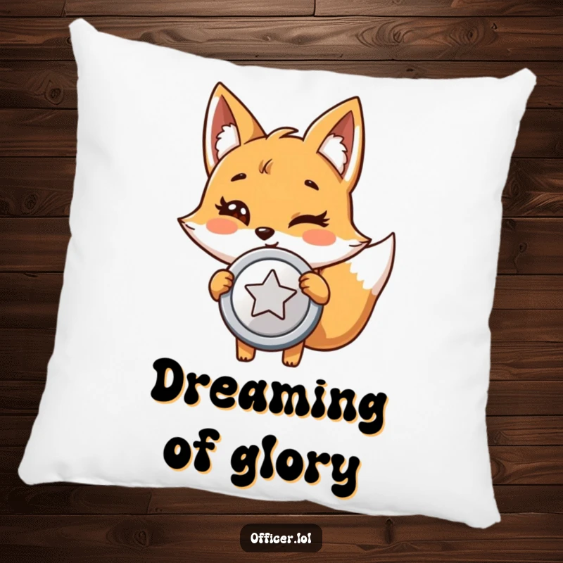 Funny pillow with a giggling cartoon fox holding a large, shiny badge with pride and a wink, symbolizing success.