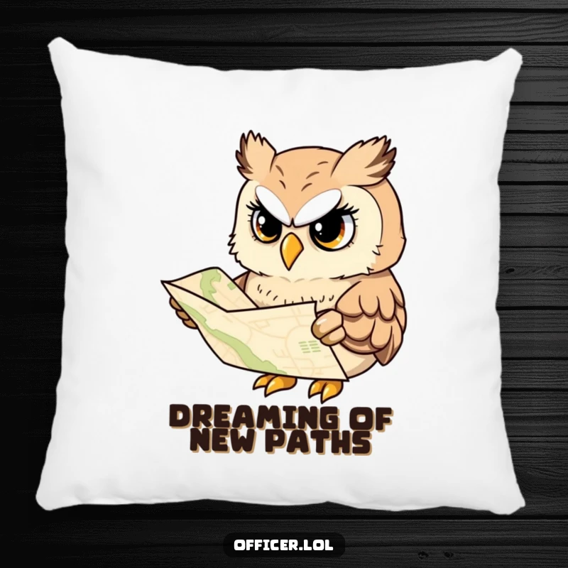 Funny pillow design of a wise owl studying a map with a serious but cheerful expression, ideal for cozy corners.