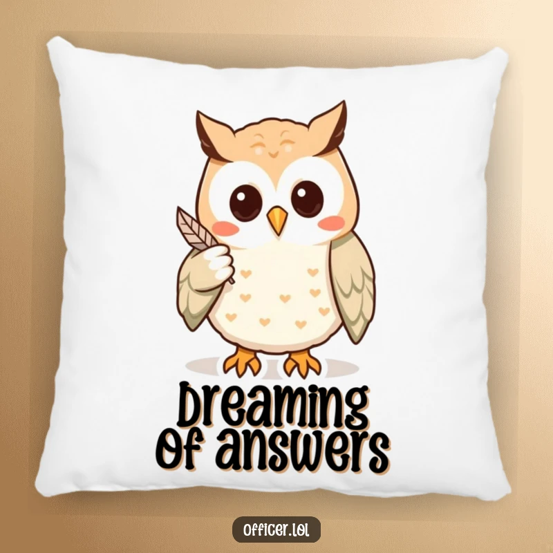 Funny pillow featuring a wise owl pointing with a feather to a clue, offering cozy comfort and a charmingly insightful vibe.