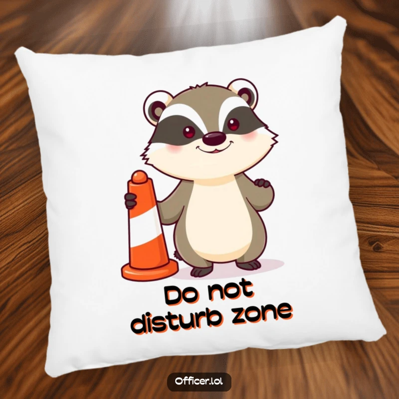 Funny pillow with a determined badger proudly holding a striped traffic cone, offering soft comfort and a humorous, proud decorative touch.