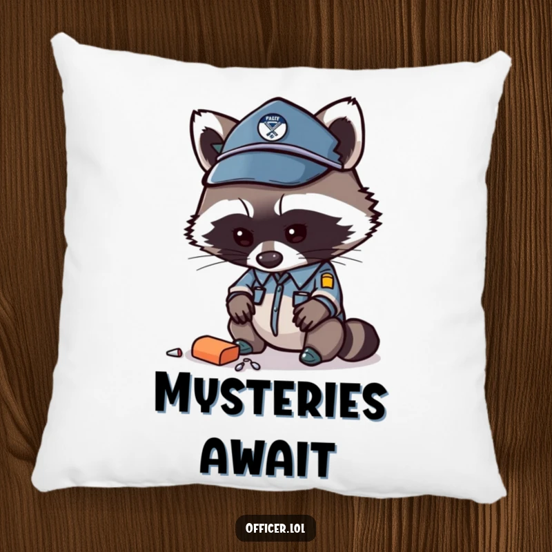 Funny raccoon officer pillow, soft cushion with a curious raccoon, perfect for cozy spaces.