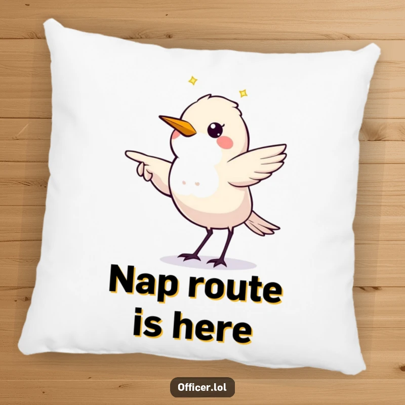 Funny pillow featuring a twinkling starling making a clear directive pointing gesture, soft and decorative.