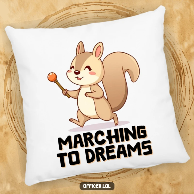 Funny decorative pillow with a cheerful squirrel marching with a tiny pretend baton. Adds comfort and a spirited touch.
