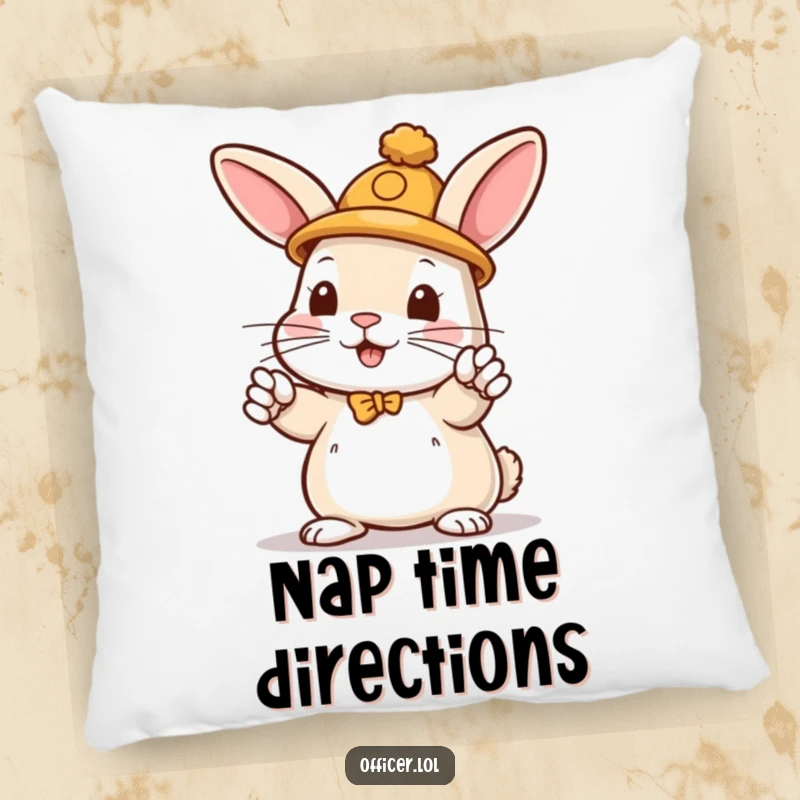 Funny pillow showing a playful rabbit with a hat directing traffic with enthusiastic paws, perfect for cozying up.
