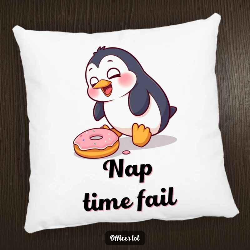 Funny Penguin Pillow: A goofy penguin character is caught mid-trip over a donut, looking hilariously surprised, adding comfort and comedy.