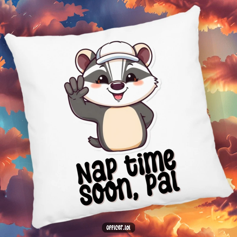 Funny pillow featuring a jovial badger giving a friendly salute, soft and decorative for any couch.