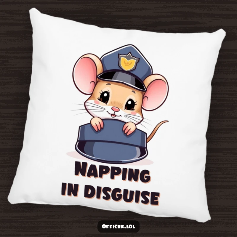 Funny Pillow: Soft cushion featuring a curious mouse peeking from under a police hat, adding cozy mystery.