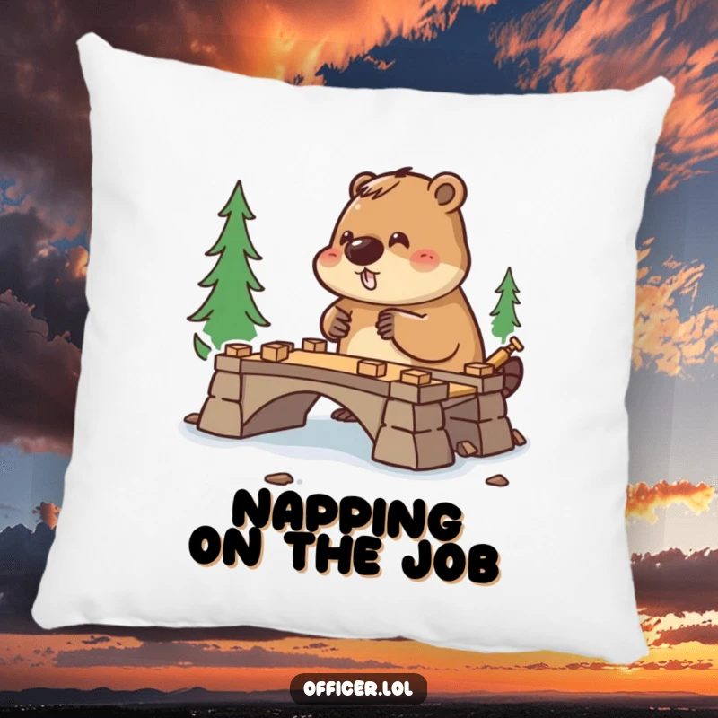 Funny pillow design of a diligent beaver supervising bridge construction, perfect for adding humor to any room.