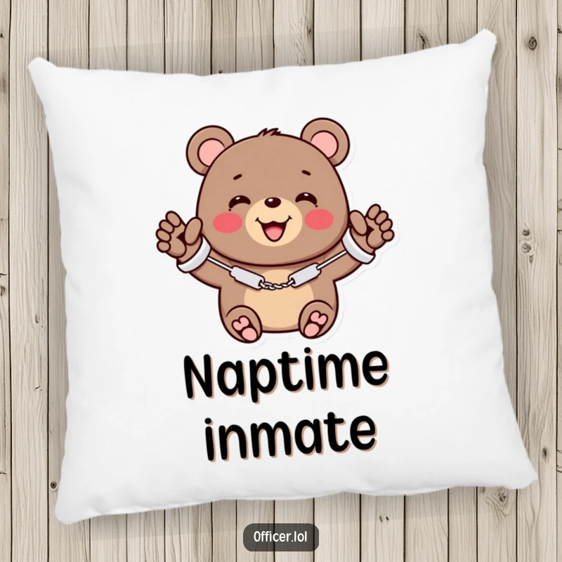 Funny pillow depicting a cheerful bear in miniature handcuffs, smiling and waving, embodying adorable mischief.