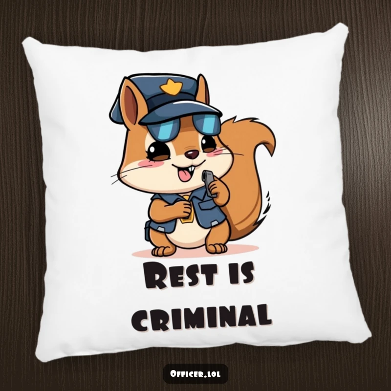 Funny squirrel officer pillow, soft cushion with a determined squirrel, perfect for comforting spaces.