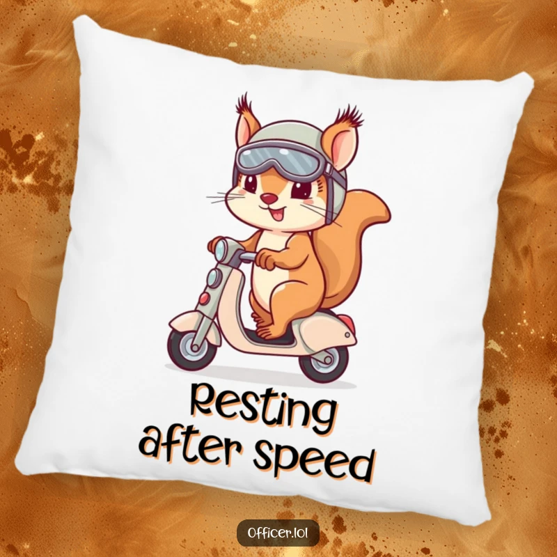 A soft pillow featuring a determined squirrel in a helmet and goggles riding a tiny scooter, embodying adventurous comfort.