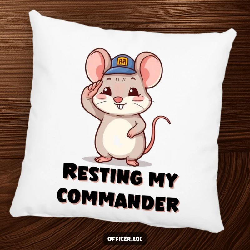Funny tiny mouse character saluting with a tiny hat and proud smile, plush cute pillow.