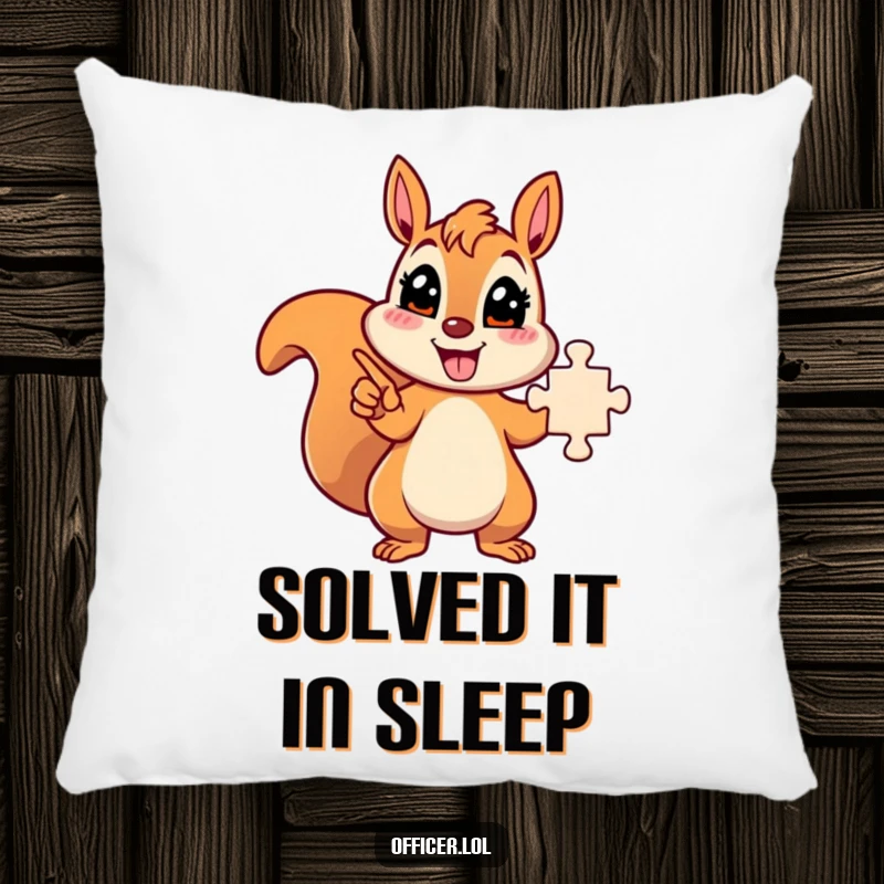 Funny energetic squirrel character pointing at a solved puzzle, cozy and smart pillow.