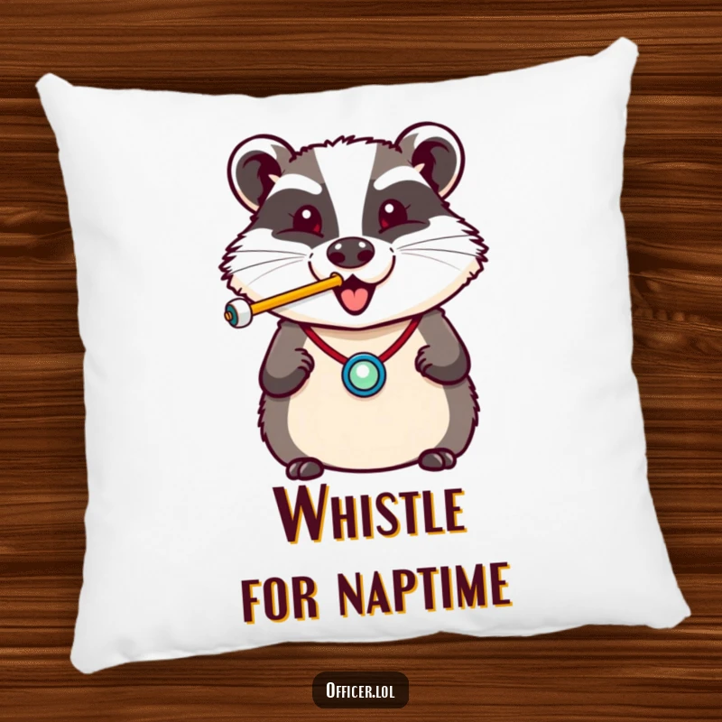 Funny pillow showing a cheerful badger wearing a badge, blowing a whistle with a happy puff, perfect for lounging.