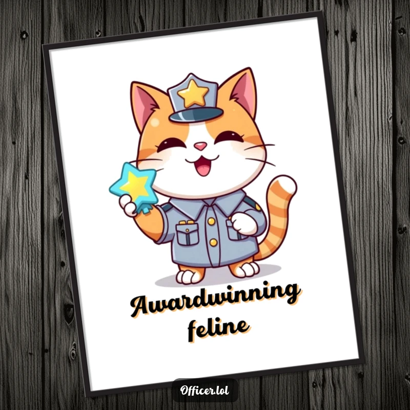 Funny digital art print of a happy cat in uniform holding a shiny, glowing badge, perfect for wall decor.