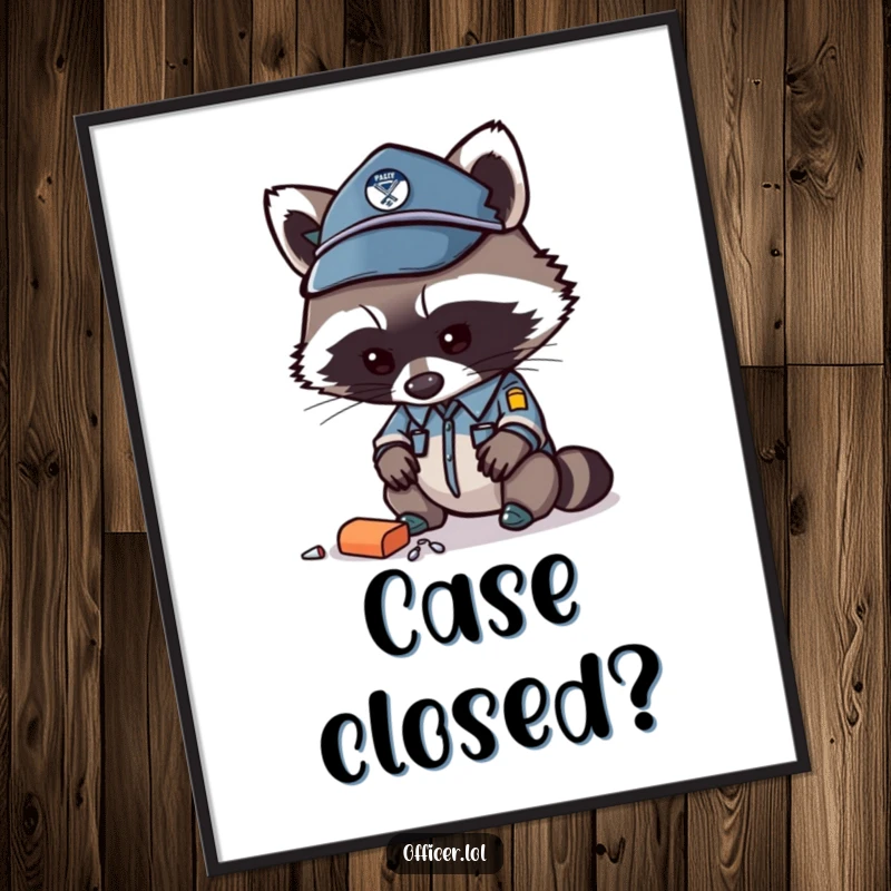Funny raccoon officer digital art print, curious raccoon examining an item, instant download wall decor.
