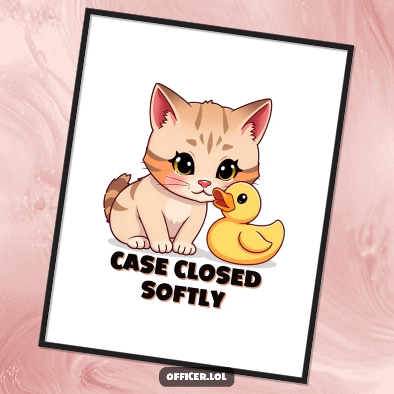 Funny digital art print of a focused cartoon cat giving a playful, curious stare to a rubber duck.