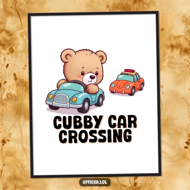 Funny Bear Cub Traffic Digital Art: A high-resolution print of a gentle bear cub carefully directing a line of small toy cars with adorable concentration.