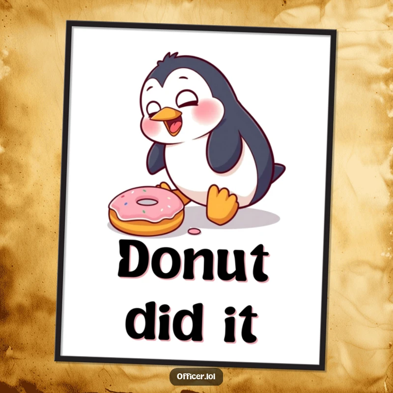 Funny Penguin Digital Art Print: A goofy penguin character hilariously trips over a donut, captured in a moment of pure, cartoonish surprise.