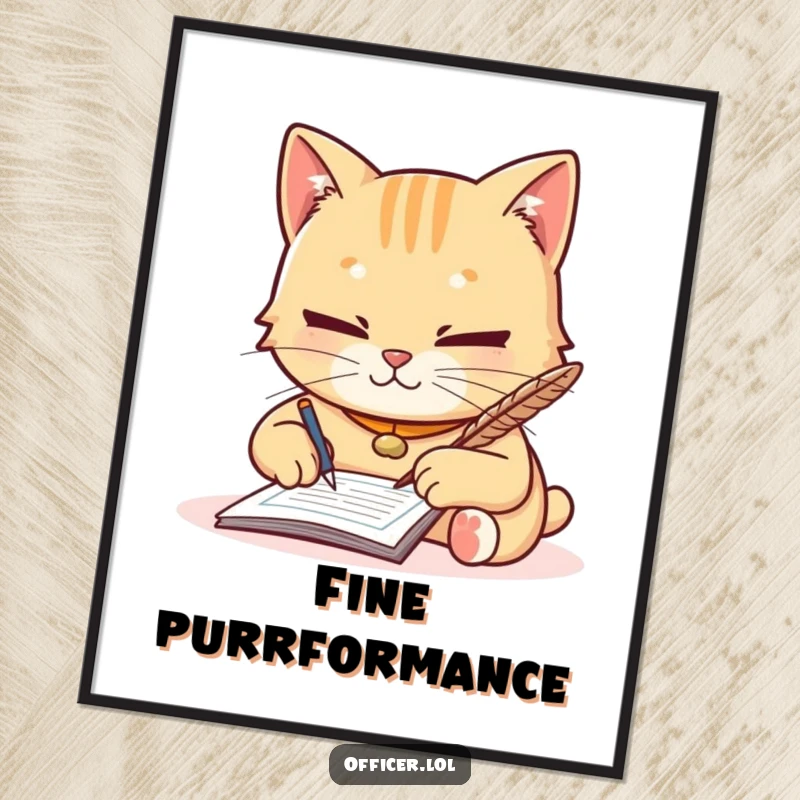 Funny digital art print of a diligent cat writing a ticket with a quill, focused yet friendly, symbolizing polite order.