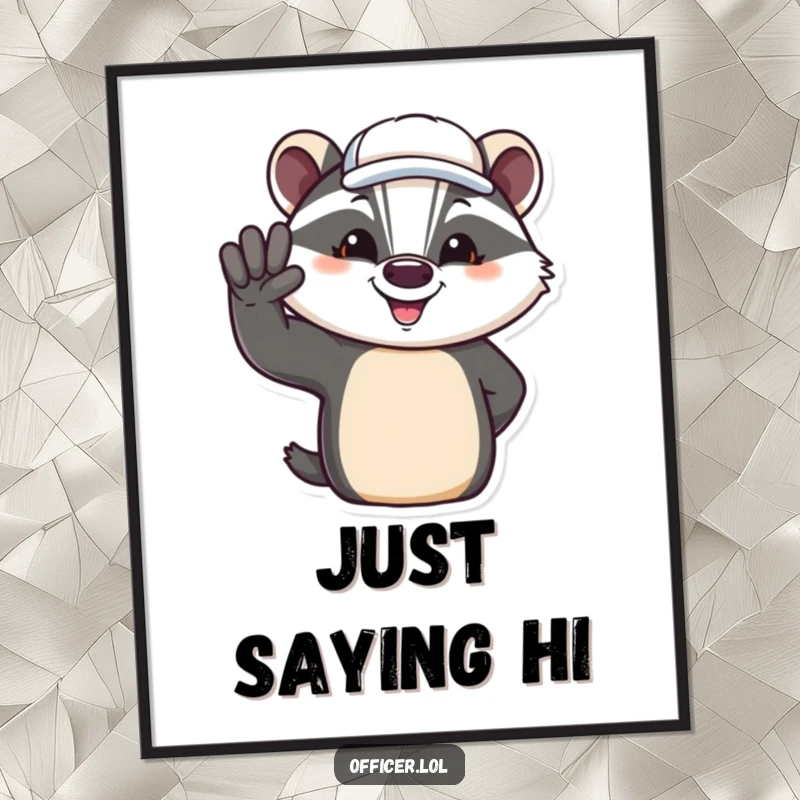 Funny digital art print of a jovial badger in a cap, giving a friendly salute with a happy expression.