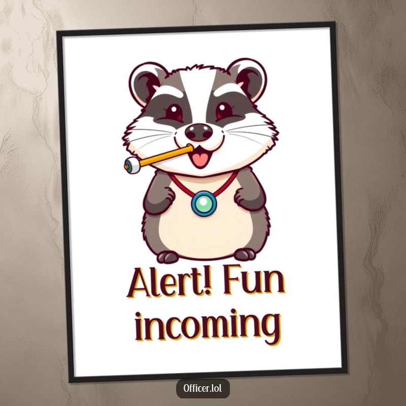 Funny digital art print of a cheerful badger in uniform, blowing a whistle with a happy puff, radiating positivity.