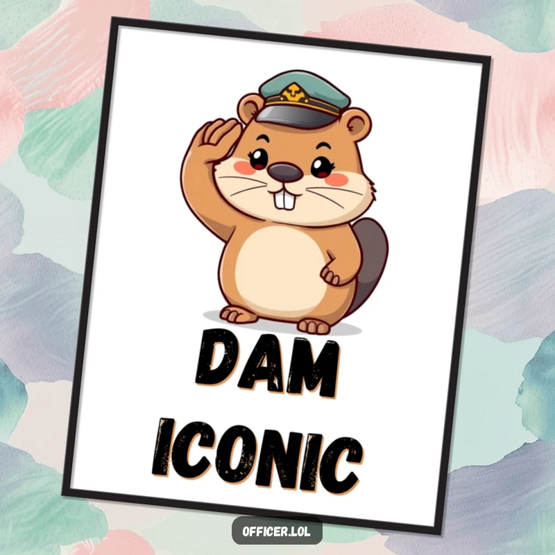 Funny beaver digital art print, a determined beaver in a tiny cap saluting, perfect for instant download and humorous wall decor.