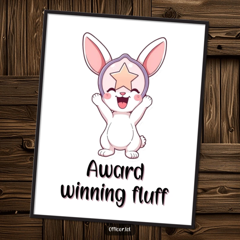 Funny digital art print of a playful bunny holding a large, shiny badge aloft, capturing a moment of heroic pride.