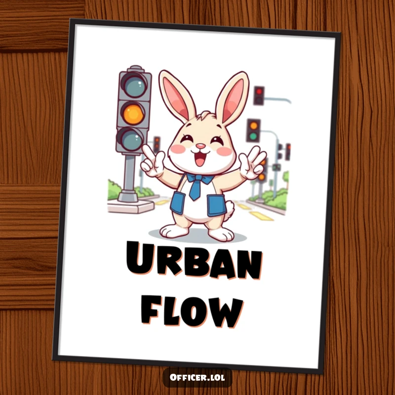 Funny digital art print of a cheerful cartoon bunny directing traffic with enthusiastic paw gestures, traffic lights in background.