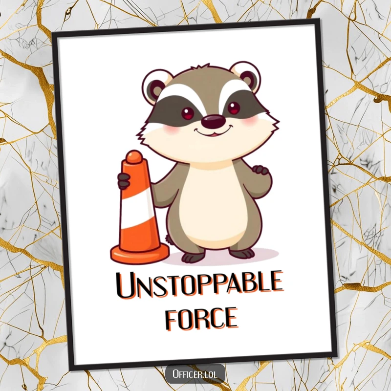 Funny digital art print of a determined badger standing proudly with a striped traffic cone, perfect for humorous and bold wall decor.