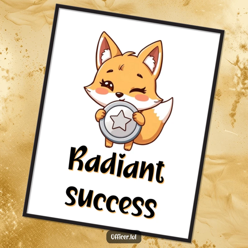 Funny digital art print of a giggling cartoon fox holding a large, shiny badge with pride and a wink.