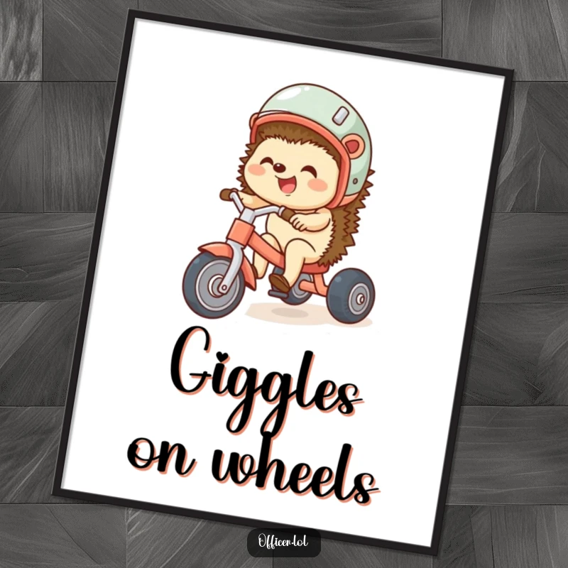 Funny digital art print of a giggling hedgehog riding a tricycle, a humorous and heartwarming addition to any wall decor.