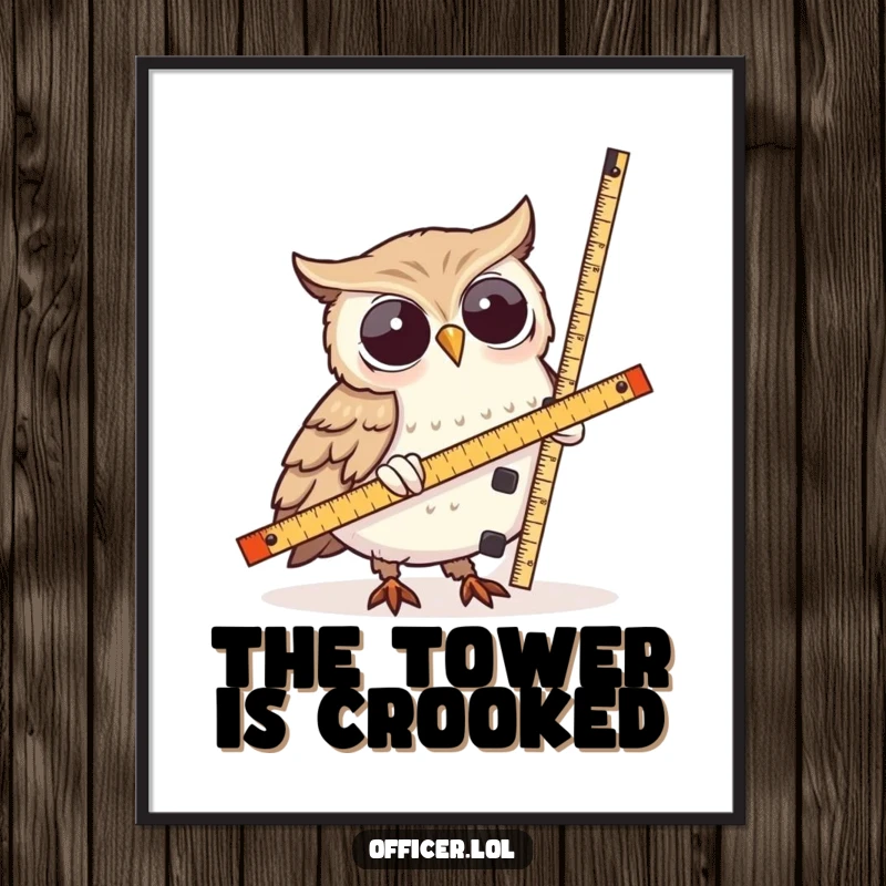 Funny Owl Digital Art Print: A wise owl character is depicted intently measuring a lopsided tower, capturing a moment of humorous precision.