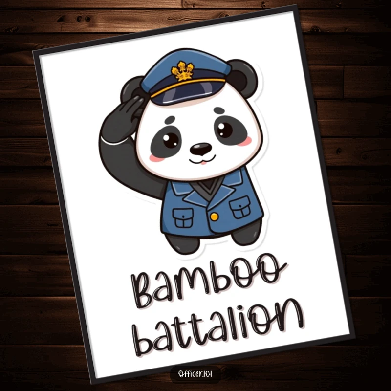 Funny digital art print of a playful panda in uniform saluting with a proud smirk, instant humorous decor.