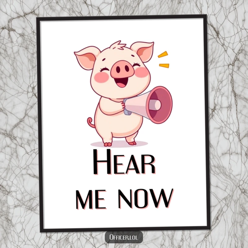 Funny digital art print of a smiling pig holding a megaphone, ready to make a loud announcement.
