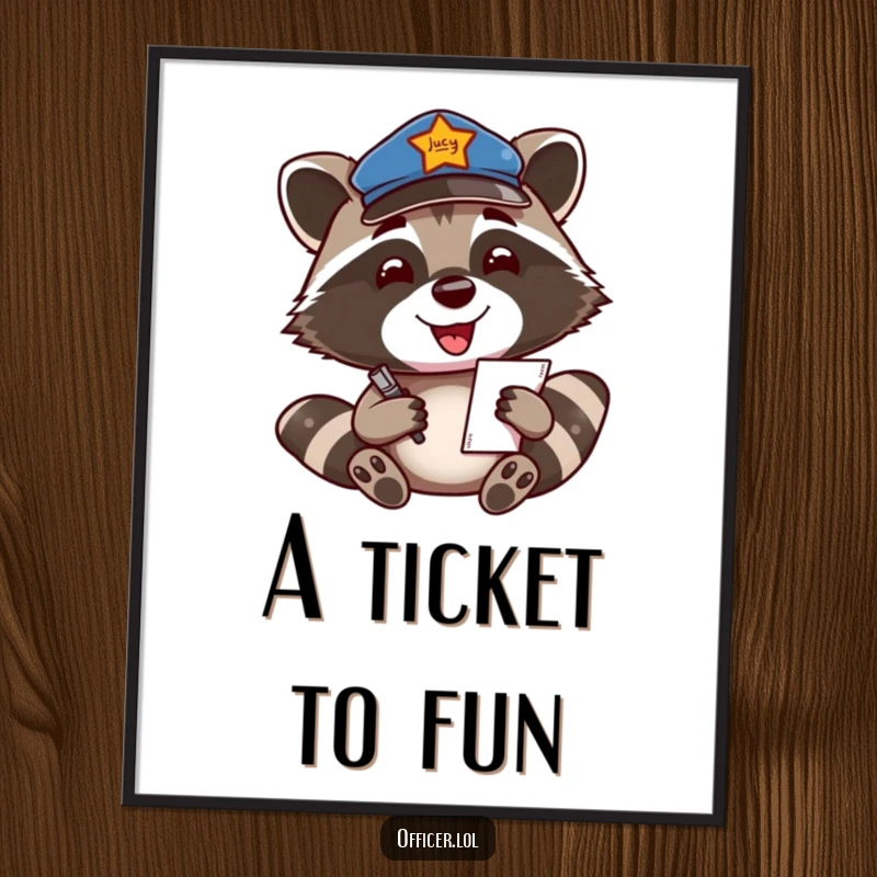 Funny Digital Art Print: Beaming raccoon in a patrol cap writes a ticket with a smile, adding instant humor.