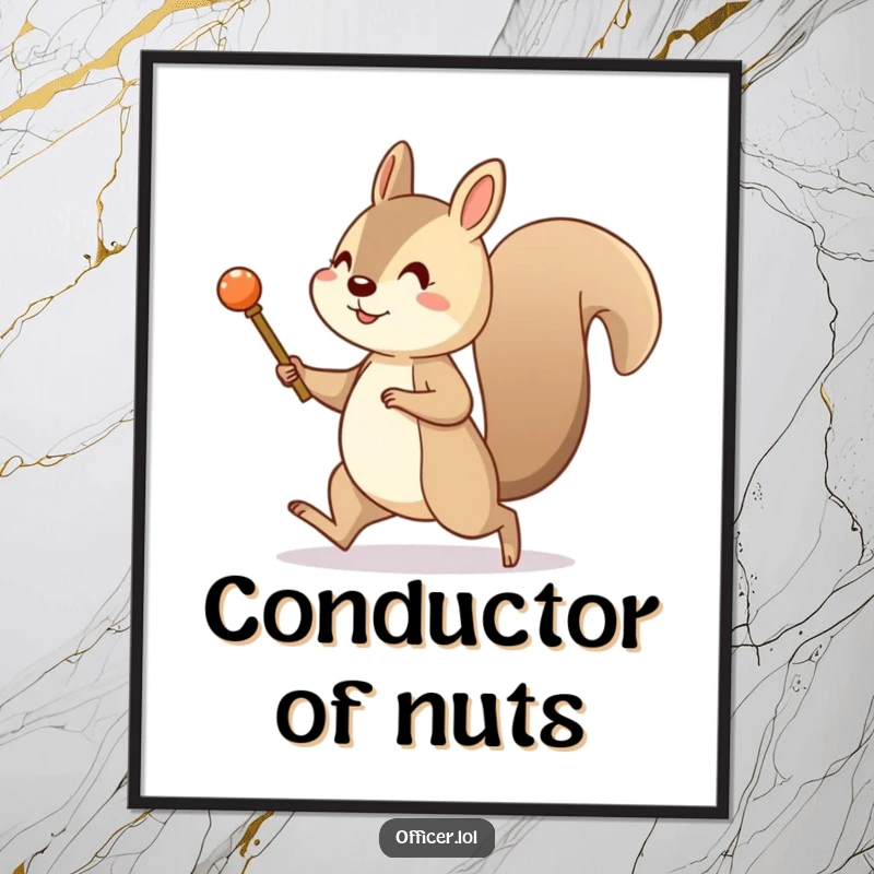 Funny digital art print of a cheerful squirrel marching with a tiny pretend baton. Instant download for energetic decor.