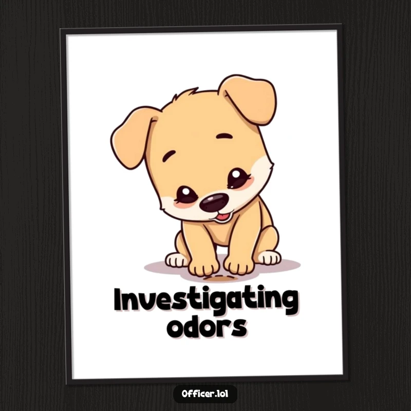 Funny Dog Digital Art Print: A happy dog character meticulously inspects a tiny footprint, capturing a moment of intense, humorous investigation.
