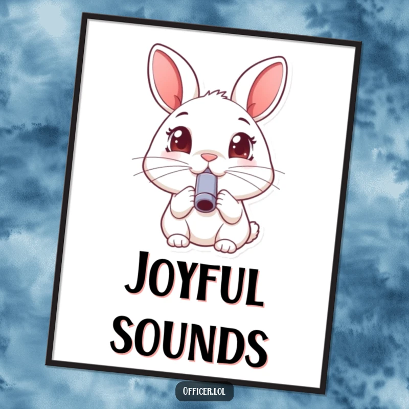 Funny rabbit digital art print, happy animal blowing a small whistle with wide, joyful eyes, conveying cheerfulness.