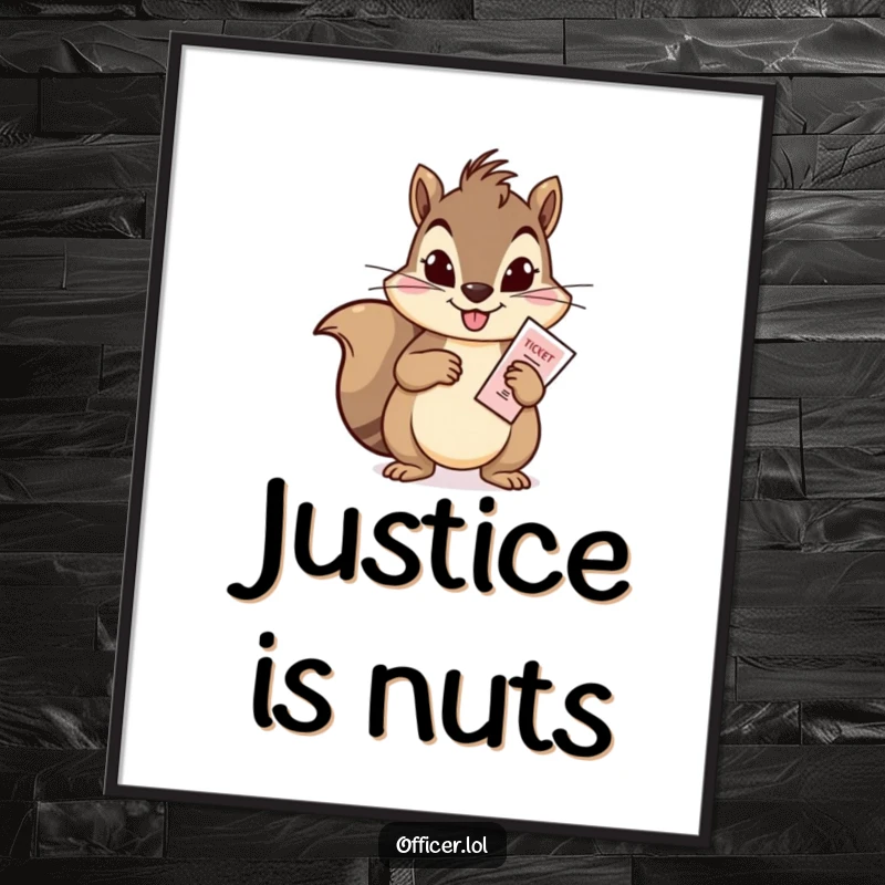 Funny digital art print of a mischievous squirrel issuing a ticket, a humorous and charming addition to any wall decor.