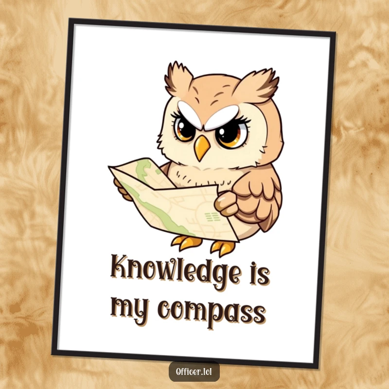 Funny digital art of a wise owl intently studying a map, conveying a serious but cheerful and intelligent vibe.