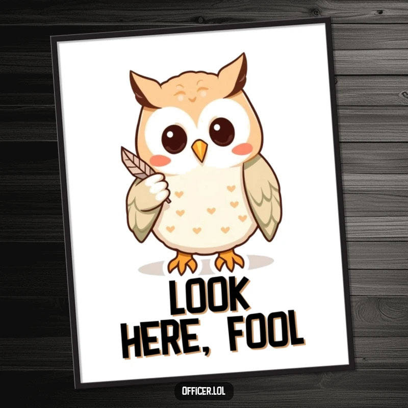 Funny digital art print of a wise owl pointing to a clue, a humorous and intelligent addition to any wall decor.