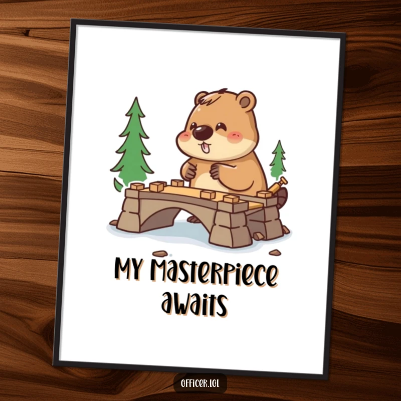 Funny digital art of a diligent beaver in a hard hat, leading a small bridge construction project with great focus.