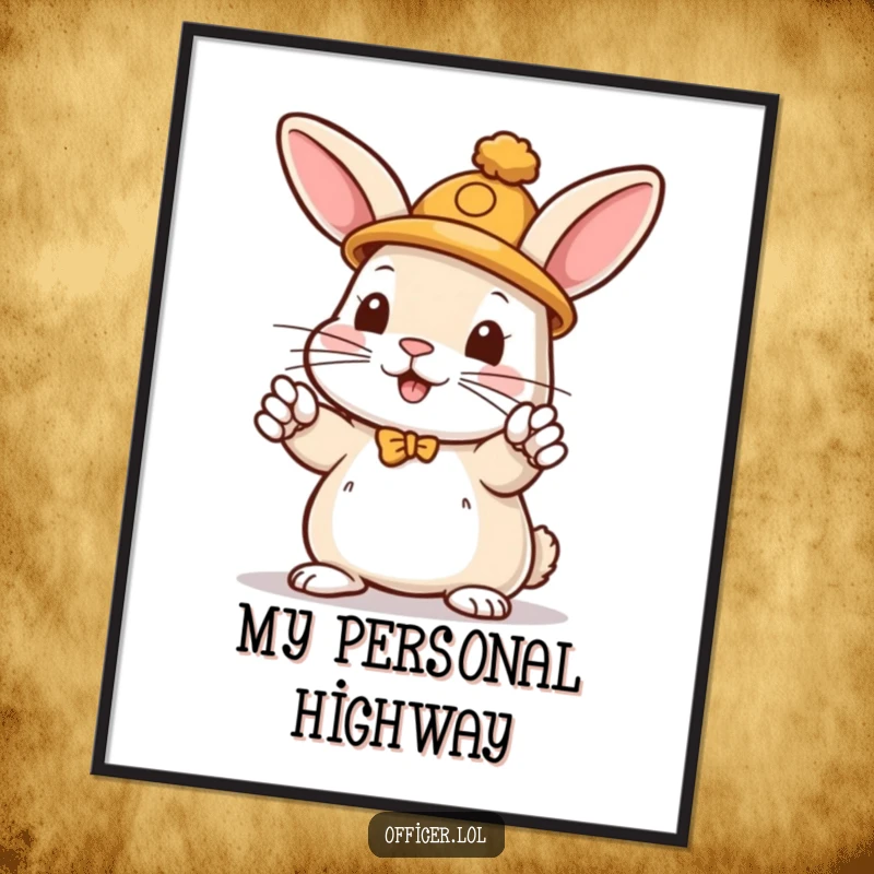 Funny digital art print of a playful rabbit in a hat directing traffic with enthusiastic paws, radiating fun.