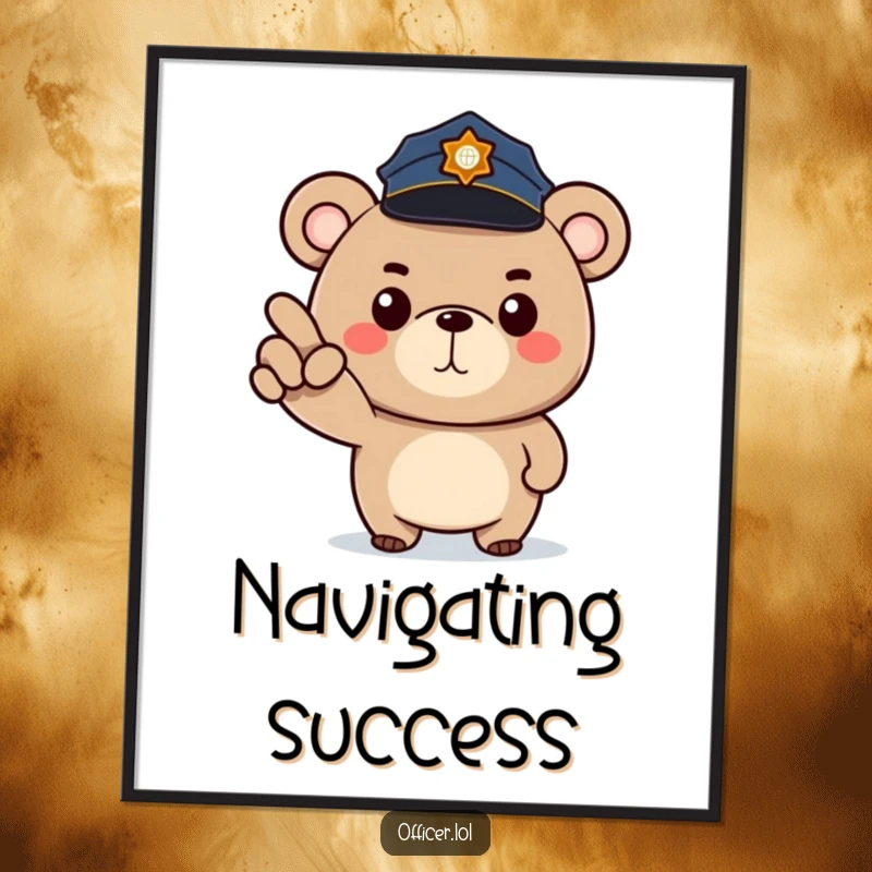 Funny digital art print of a determined cartoon bear police officer pointing forward with a stern but happy face.