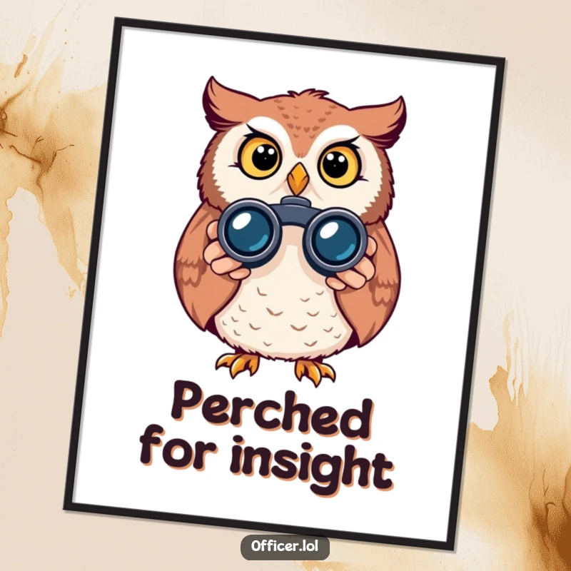 Funny owl digital art print, curious bird peeking through binoculars, alert and bright expression, immediate download.